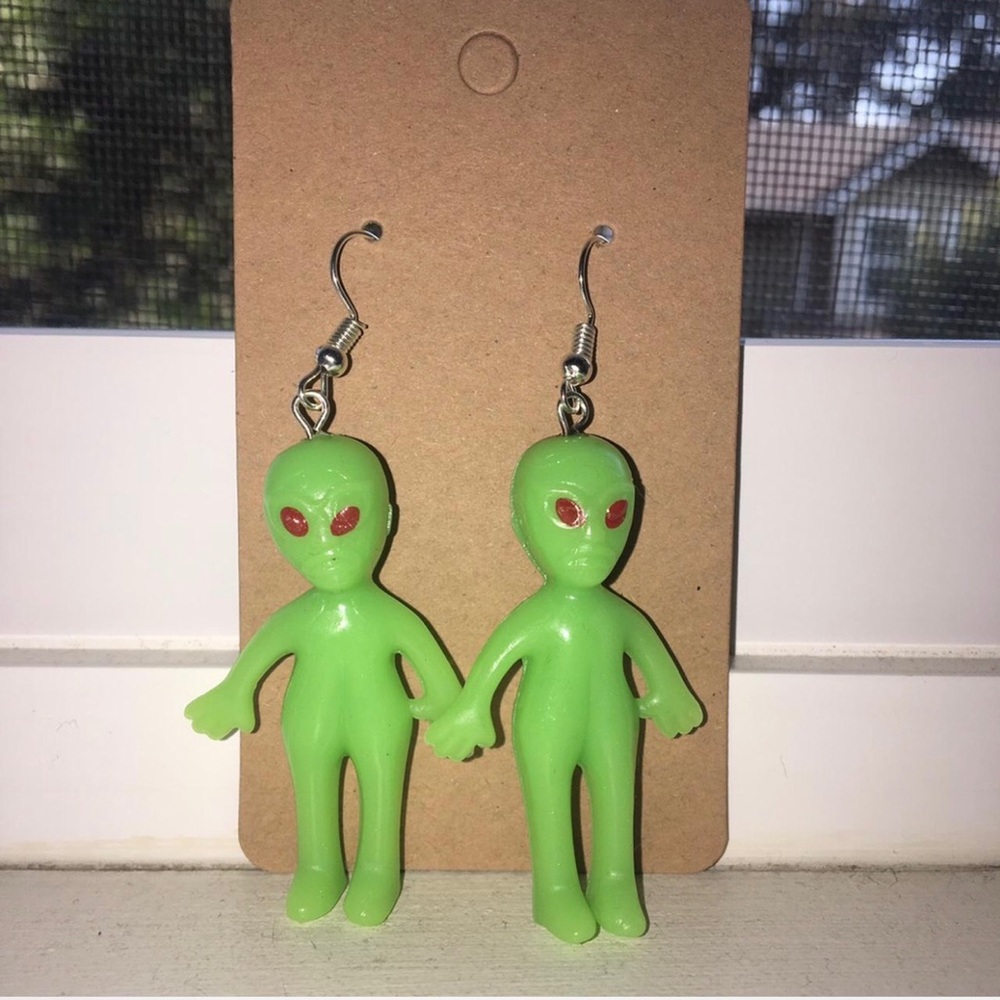 Green Alien Figure Dangle Earrings